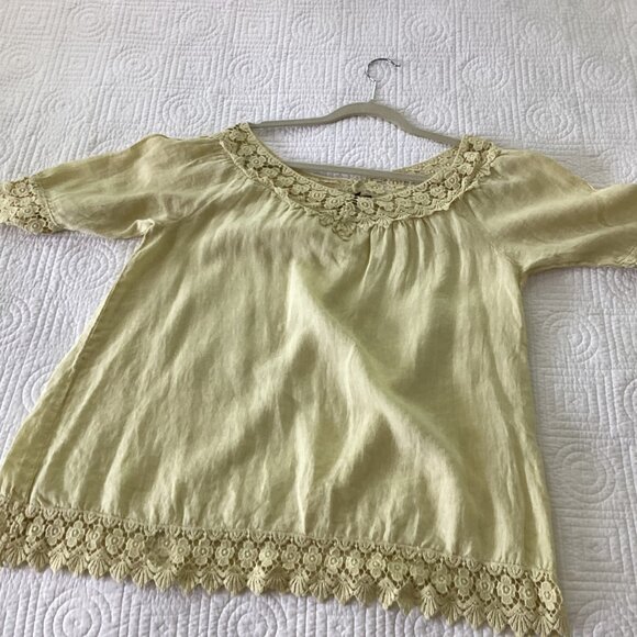 Piazza Roma 100% Linen Blouse Tunic Shirt Size M Buttery Yellow W/ Lace Details - Picture 12 of 13